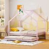 Twin Size Metal House Bed with Twin Size Trundle, Pink