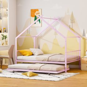 Twin Size Metal House Bed with Twin Size Trundle, Pink