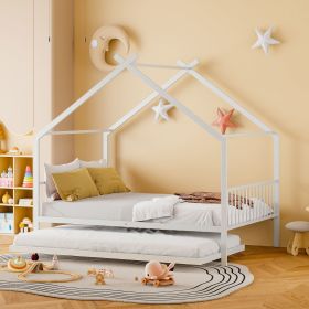 Full Size Metal House Bed with Twin Size Trundle, White