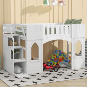 Twin Size Loft Bed with Storage Staircase and Window, White