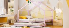Twin Size Metal House Bed with Twin Size Trundle, Pink