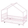 Twin Size Metal House Bed with Twin Size Trundle, Pink