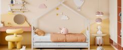 Twin Size Metal House Bed with Twin Size Trundle, White