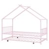 Twin Size Metal House Bed with Twin Size Trundle, Pink