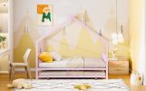 Twin Size Metal House Bed with Twin Size Trundle, Pink