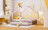 Twin Size Metal House Bed with Twin Size Trundle, Pink