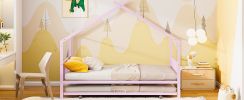 Twin Size Metal House Bed with Twin Size Trundle, Pink