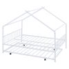 Full Size Metal House Bed with Twin Size Trundle, White