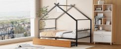Full Size Metal House Bed with Two Drawers, Black
