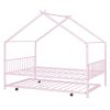 Full Size Metal House Bed with Twin Size Trundle, Pink