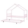 Twin Size Metal House Bed with Twin Size Trundle, Pink