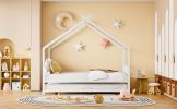 Full Size Metal House Bed with Twin Size Trundle, White