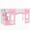 Twin Size Loft Bed with Storage Staircase and Window, Pink