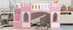 Twin Size Loft Bed with Storage Staircase and Window, Pink