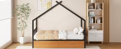 Full Size Metal House Bed with Two Drawers, Black
