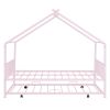 Full Size Metal House Bed with Twin Size Trundle, Pink