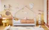 Twin Size Metal House Bed with Twin Size Trundle, White