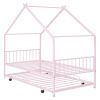 Twin Size Metal House Bed with Twin Size Trundle, Pink